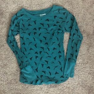 Fulltilt Teal Waffle Long Sleeve Shirt w/ Birds